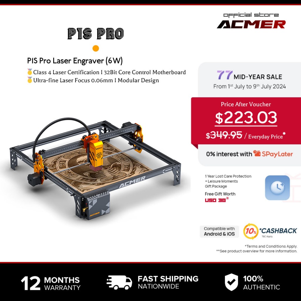ACMER เครื่องแกะสลัดเลเซอร์ P1S Pro เครื่องตัด CNC งานไม้สำหรับแกะสลักโลโก้ DIY บนแก้ว ไม้ โลหะ อะคริลิก หนัง ฯลฯ
