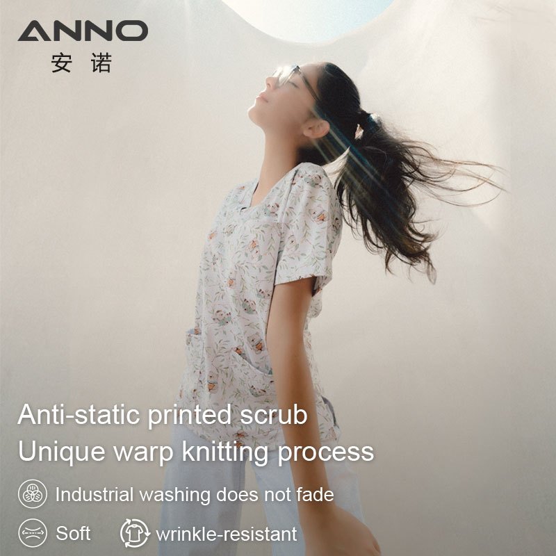 ANNO Soft Scrub Tops Anti-static Warp ถักไม่ติดผมผ้าพยาบาลชุดสําหรับผู้หญิงผู้ชาย 99% โพลีเอสเตอร์ 1% คาร์บอนไฟเบอร์หมอโรงพยาบาลสวมใส่