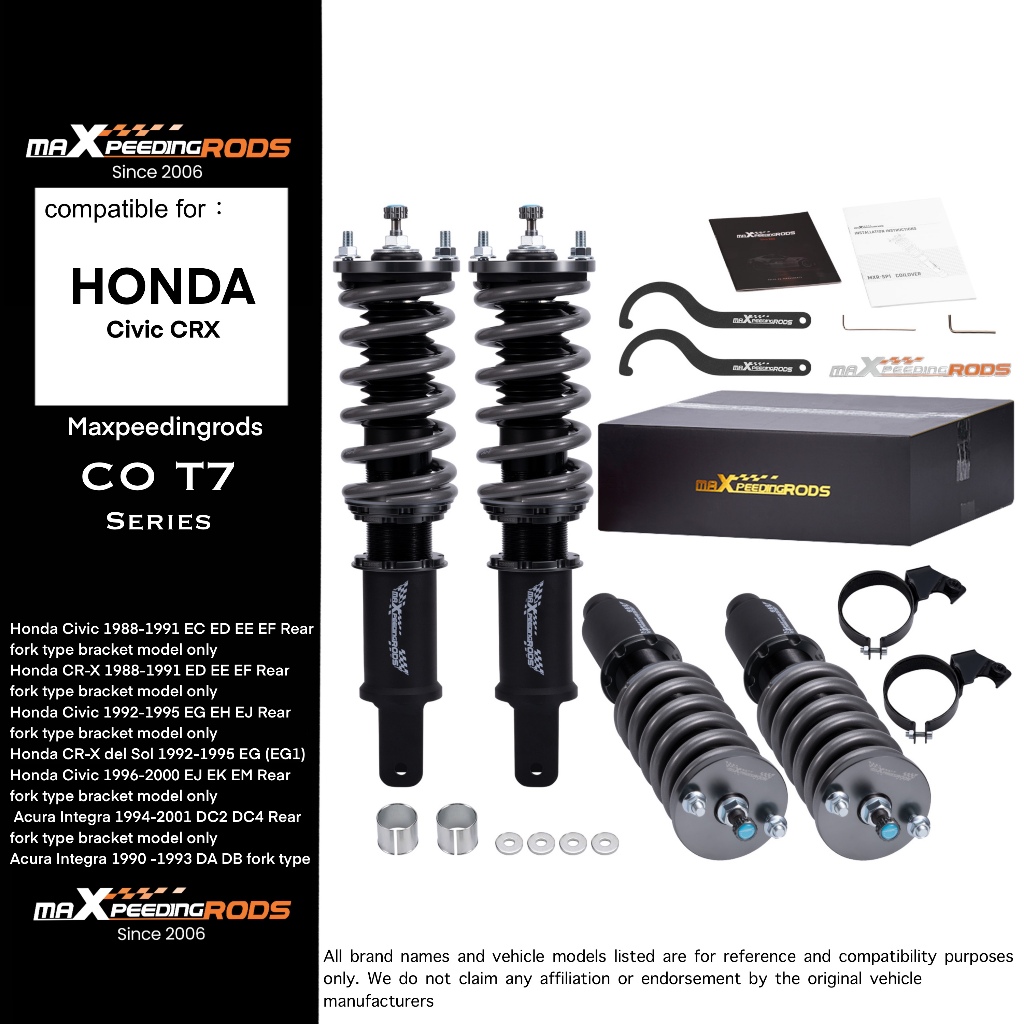 【Honda Civic EC ED EE】 Coildover T7 (Coilovers) 24 mức điều chỉnh cho EF EG EK EH EJ năm 1988‑2000 và CR‑X độ gầm thấp, phụ kiện tùy chỉnh xe