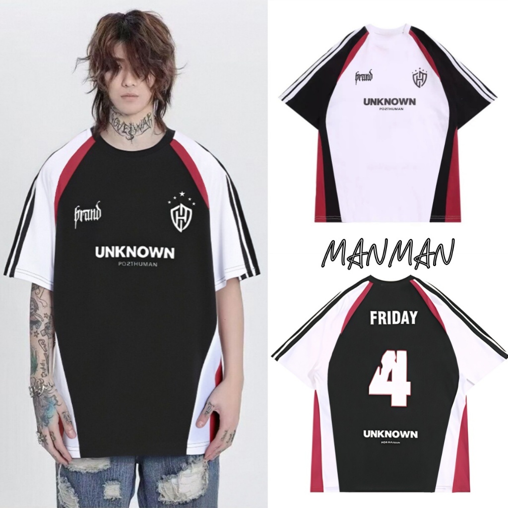 M & M เสื้อยืดผู้ชาย แขนสั้น เสื้อกีฬา ทรงหลวม มีลายพิมพ์ รุ่นต่อ ระบายอากาศ