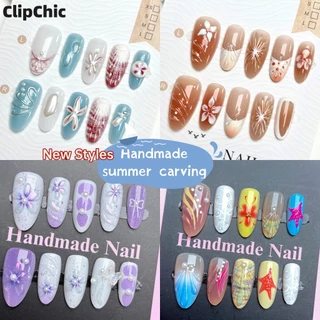 10 ชิ้นฤดูร้อนใหม่ Handmade 3D เล็บปลอม Ocean Shell สวมใส่เล็บ y2k Art เล็บ 4IN1 เครื่องมือ