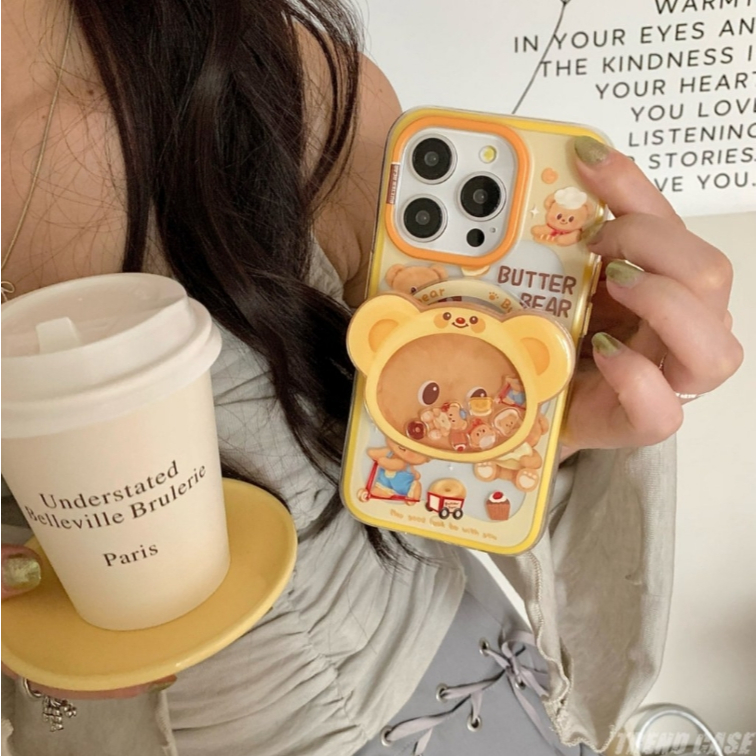 X.การ์ตูนเนยหมีวงเล็บแม่เหล็กเคสโทรศัพท์สําหรับ ไอโฟน 16 15 14 13 มือโปร สูงสุด กันชนกันกระแทกอะคริลิคกลับปกอ่อน