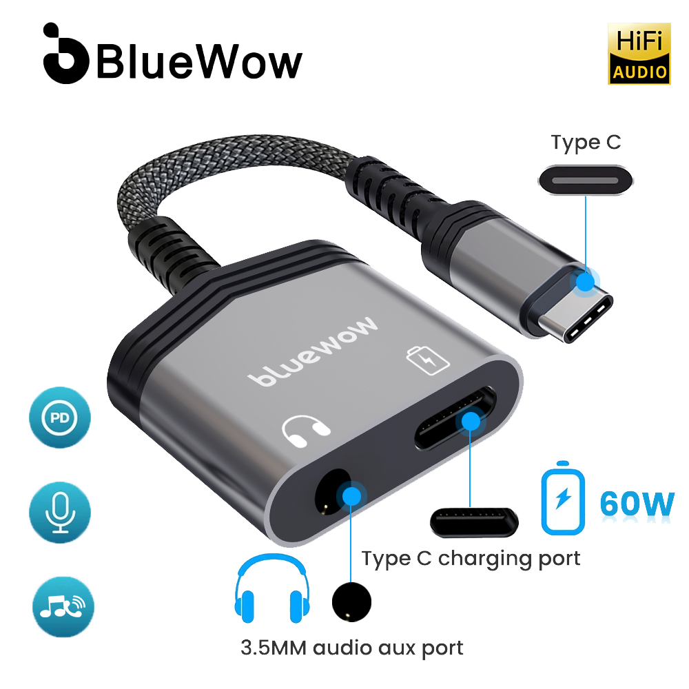 BlueWow 60W Fast Charging อะแดปเตอร์ USB-C ถึง 3.5 มม. – Type-C Audio & Charger Splitter สําหรับหูฟัง, Samsung, Pixel, OnePlus