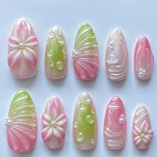 10 ชิ้นฤดูร้อนใหม่ Handmade 3D เล็บปลอม Ocean Shell สวมใส่เล็บ y2k Art เล็บ 4IN1 เครื่องมือ