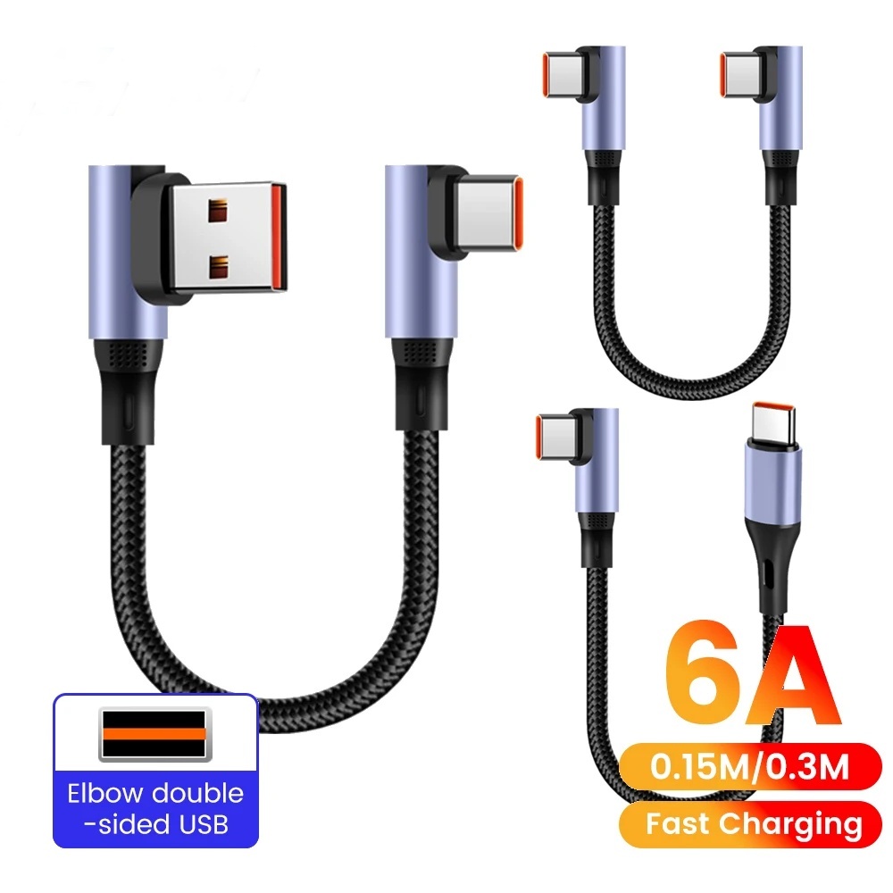 6A ข้องอ 90° USB Type C สายสั้น 15 ซม./30 ซม.Gamer สายชาร์จ Type C ถึง Type C ชาร์จเร็วสําหรับ Power