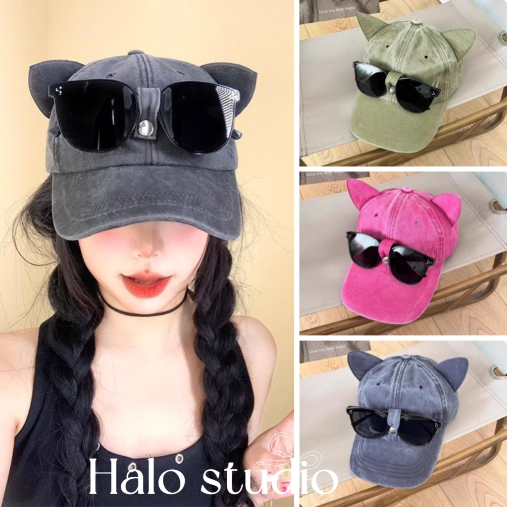 Halo studio พร้อมส่ง🔥หมวกเบสบอลทรงนักบินหูแมวสุดน่ารัก หมวกเบสบอลสไตล์ย้อนยุคที่ซักแล้ว