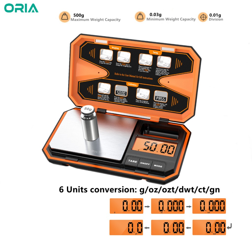 ORIA เครื่องชั่งอิเล็กทรอนิกส์ดิจิตอล 500g/0.01g เครื่องชั่งในครัวขนาดเล็กพร้อมการแปลง 6 หน่วยและฟังก์ชั่น Tare สําหรับเครื่องประดับอาหารกาแฟชั่งน้ําหนัก