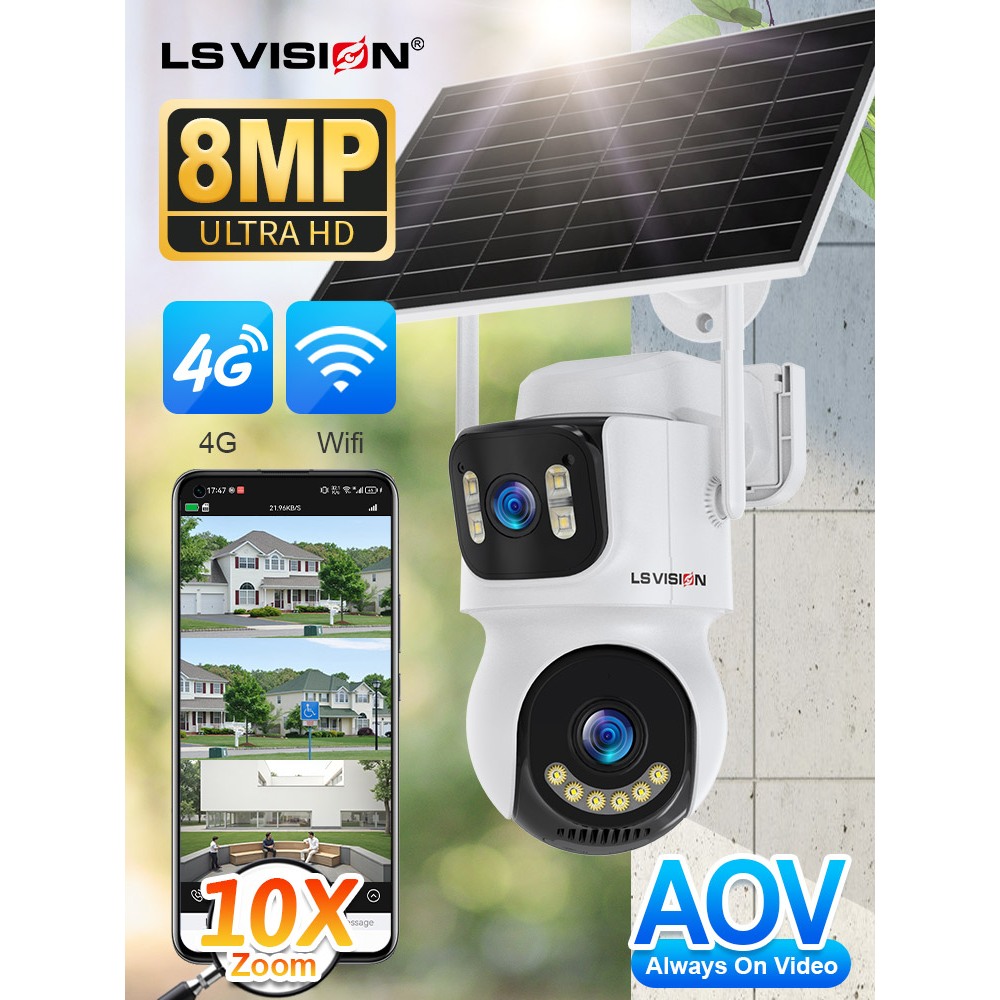 LS VISION Solar Security 4G/WIFI AOV กล้อง 2 หน้าจอ PTZ 9W แผงพลังงานแสงอาทิตย์ 24 ชั่วโมง record15 