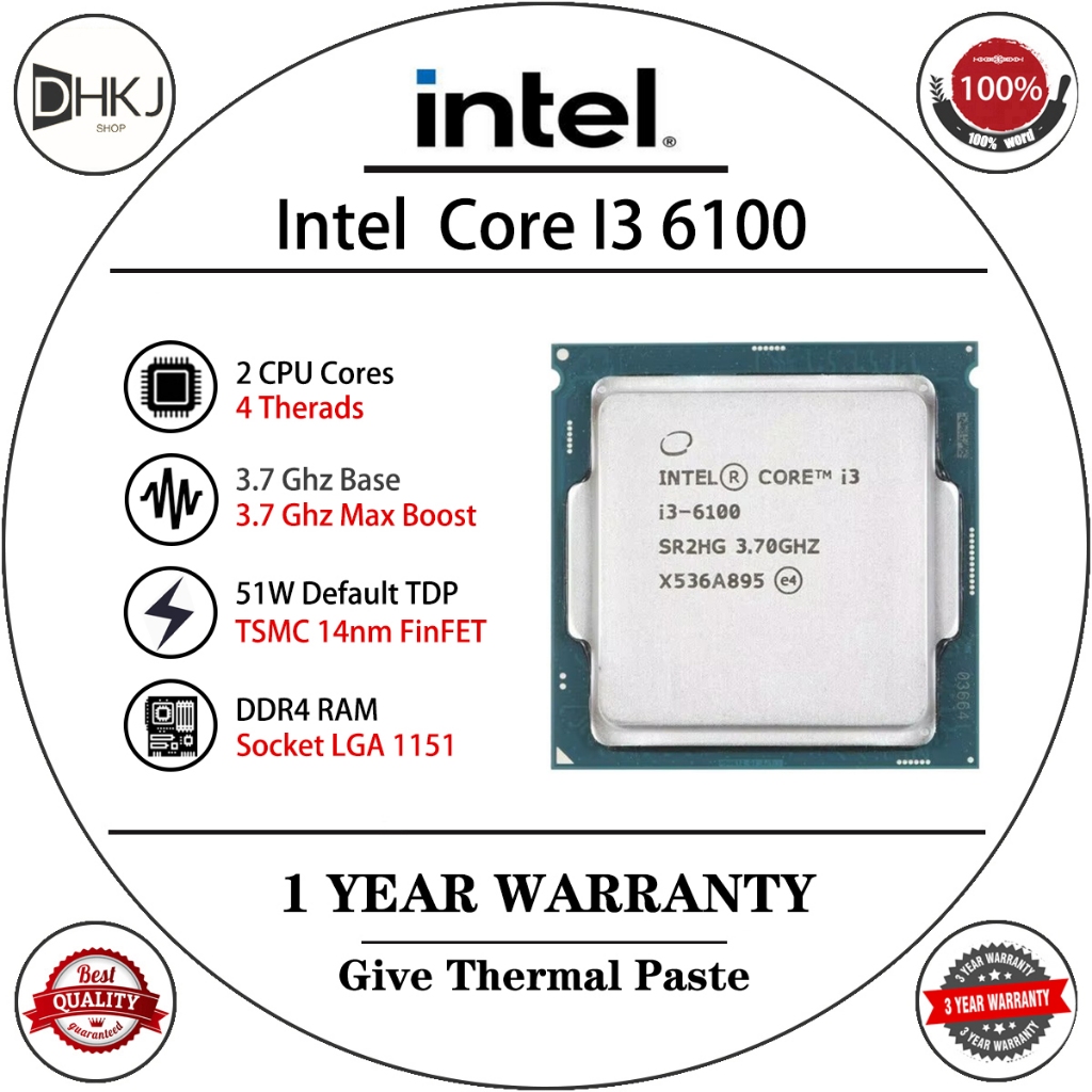 ใช้ Intel Core i3 6100 3.7GHz 3M แคช Dual-Core 51W โปรเซสเซอร์ CPU SR2HG LGA 1151