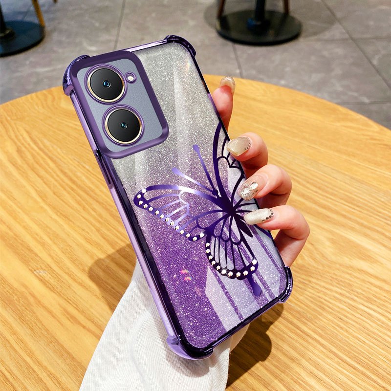 YBD เคสโทรศัพท์สําหรับ Vivo Y03 Y18 Y18E Y18S Y18T Y28S Y28E Y03T Y18i IQOO Z9 Lite T3 Lite ที่กําหนดเองเพชรฝังผีเสื้อรูปแบบ