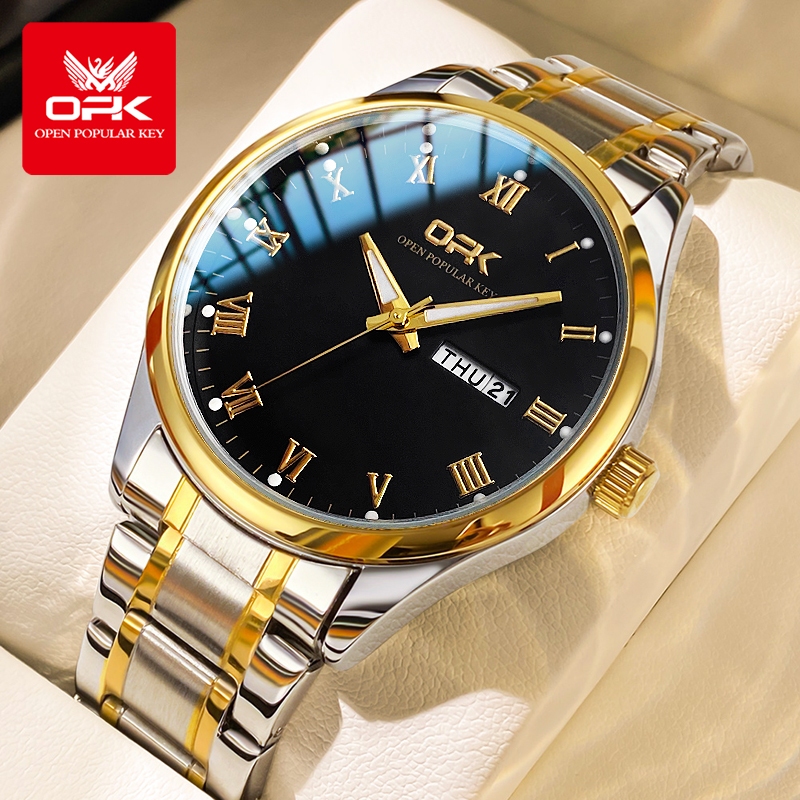 OPK นาฬิกาทองสําหรับผู้ชายปฏิทินคู่กันน้ําคราบสายเหล็ก relo สําหรับผู้ชาย