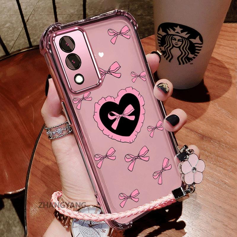 สําหรับ OPPO A3 Pro 5G Electroplated ซิลิโคน TPU เคสโทรศัพท์ความงามกันกระแทก TPU นุ่มกรณีน่ารักการ์ตูนรักผีเสื้อรูปแบบฟรีเชือก