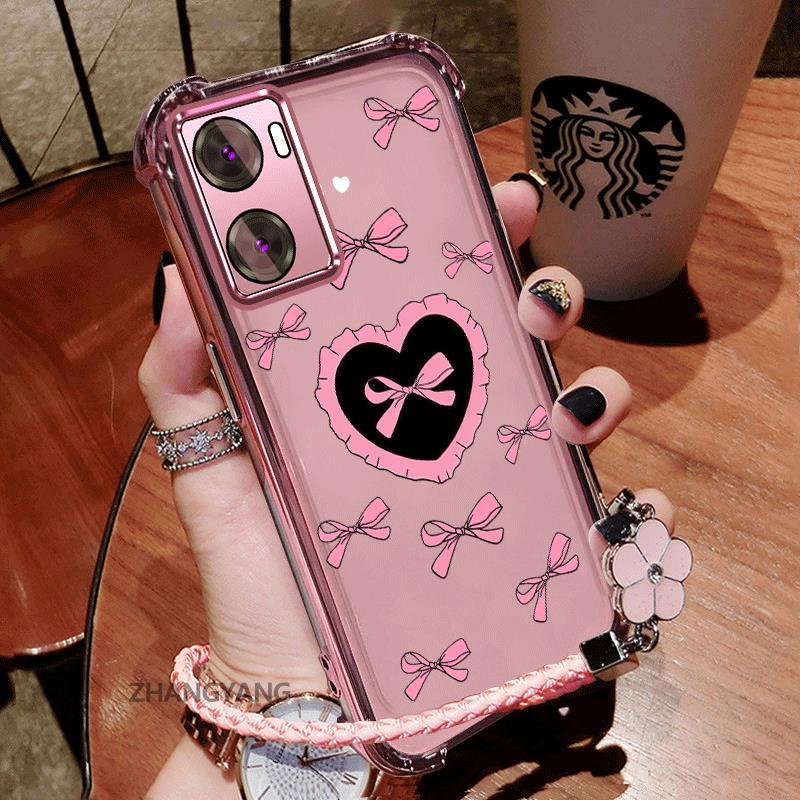 สําหรับOPPO A57 4G 2022 A57 5G 2022 A77 A77s ElectroplatedซิลิโคนTPUเคสโทรศัพท์ความงามกันกระแทกTPUนุ่มกรณีน่ารักการ์ตูนรักผีเสื้อรูปแบบฟรีเชือก
