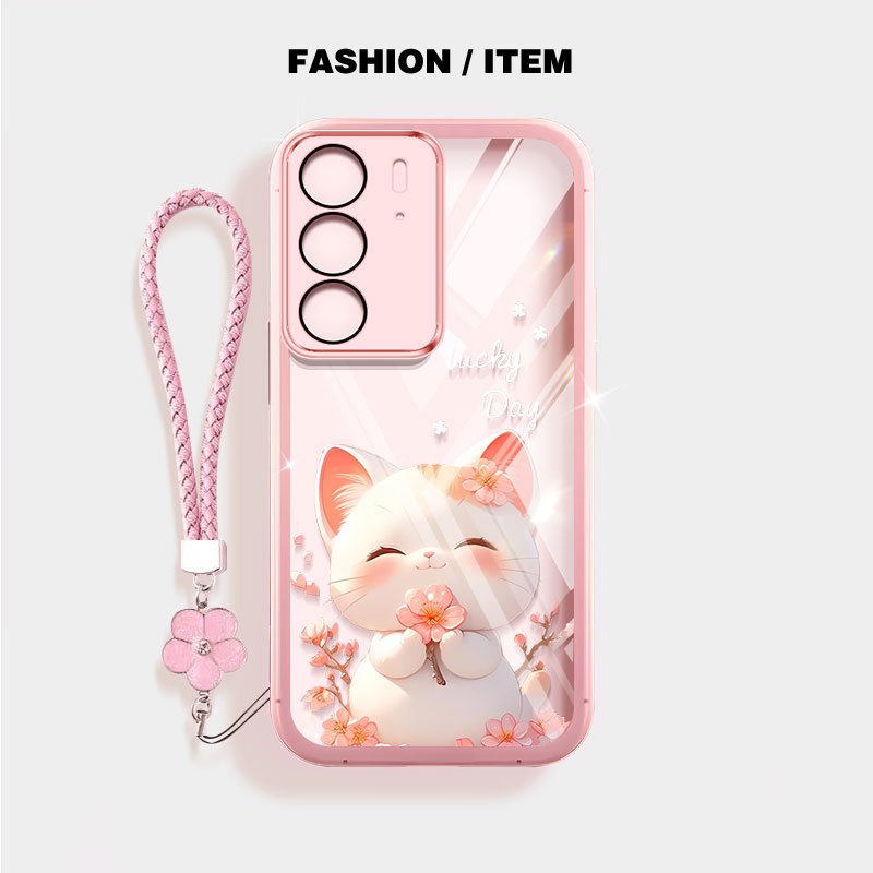 VRQR สําหรับ Oppo Realme C85 C71 C75X C75 C65 C55 4G Narzo N55 กรณีน่ารักยิ้มแมวดอกไม้เชือกแขวนโปร่ง