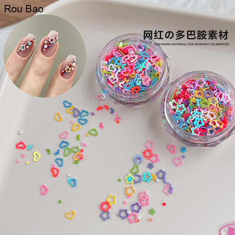 Rou Bao เล็บที่มีสีสัน Mix Pearl Sequins Hollow Heart Star Glitter เรซิ่นเล็บ Art DIY Charms ตกแต่ง