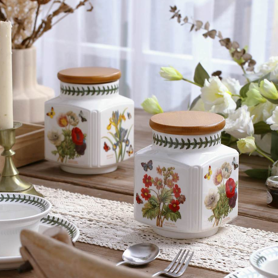 HongDian Portmeirion ถังเซรามิก ceramic porcelain jar ภาชนะเก็บอาหารแห้ง ลายดอกไม้สไตล์วินเทจ underglaze ฝาไม้ปิดสนิท ปลอดภัยต่ออาหาร กันความชื้น ทนความร้อน ทำความสะอาดง่าย ใช้เก็บชา กาแฟ น้ำตาล ธัญพืช เหมาะใช้