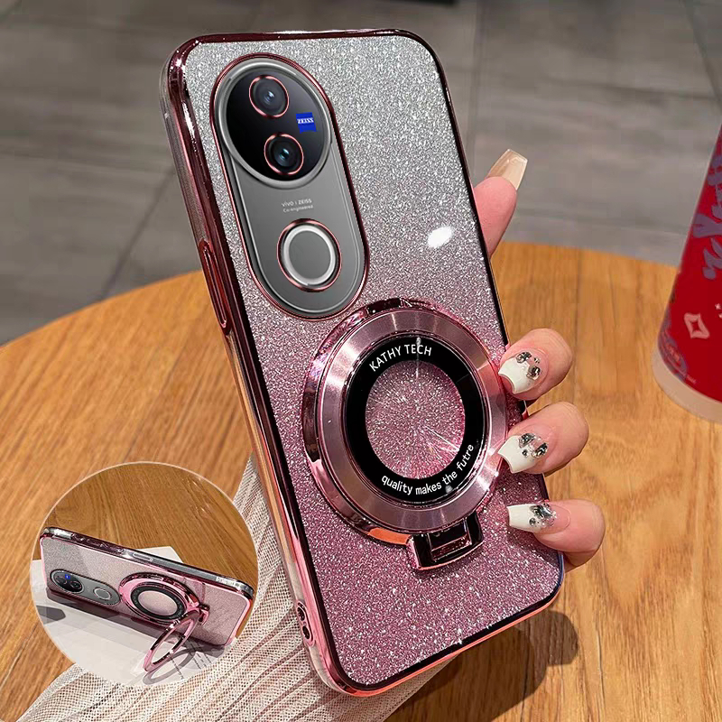 ปลอกกันกระแทกสําหรับVivo V60 V50 V50Lite VivoV60 4G 5Gไล่โทนสีโปร่งใสGlitter Blingนุ่มเคสโทรศัพท์TPUซิลิโคนกันชนถุงลมนิรภัยป้องกันปกหลังพร้อมผู้ถือแหวนแม่เหล็ก