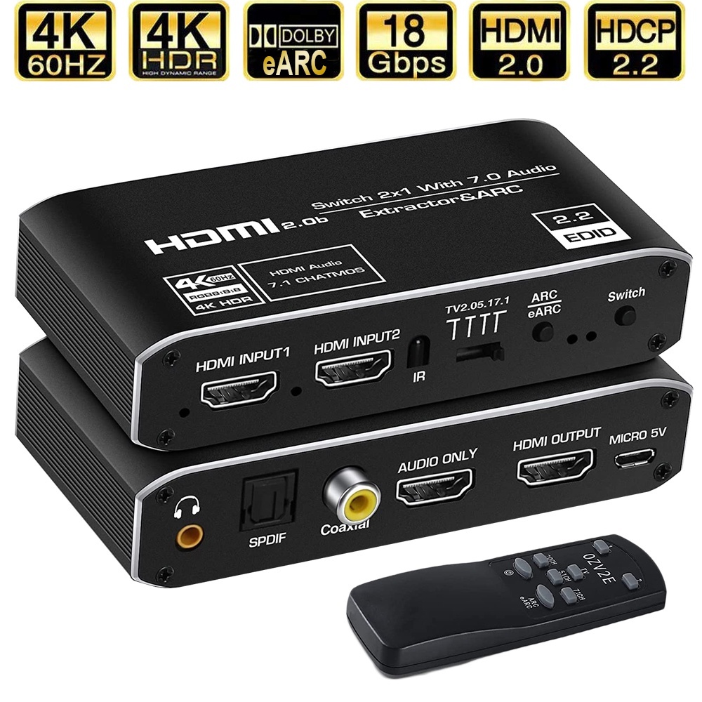 2x1 4K HDMI EARC Audio Extractor Switch พร้อม ARC & Optical Toslink HDMI 2.0 Switch 4K 60Hz HDMI to Toslink/Coaxial