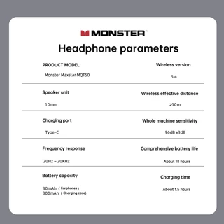 หูฟังบลูทูธไร้สาย Monster MQT50 สเตอริโอไฮไฟ เวลาเล่น 24 ชม. น้ําหนักเบา สวมใส่สบาย