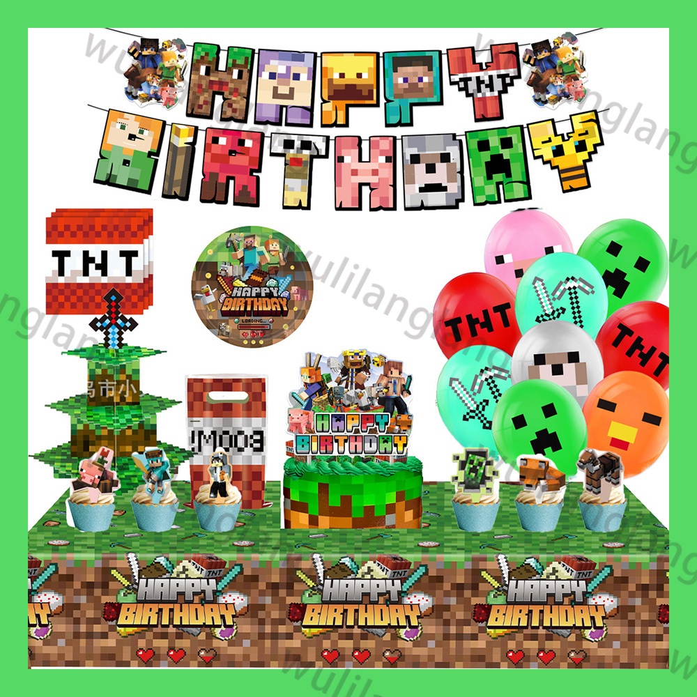 ใหม่Minecraftแบนเนอร์บอลลูนชุดMinecraft Themedทิ้งวันเกิดบนโต๊ะอาหารMinecraftวันเกิดสําหรับBoys วันเกิดตกแต่ง