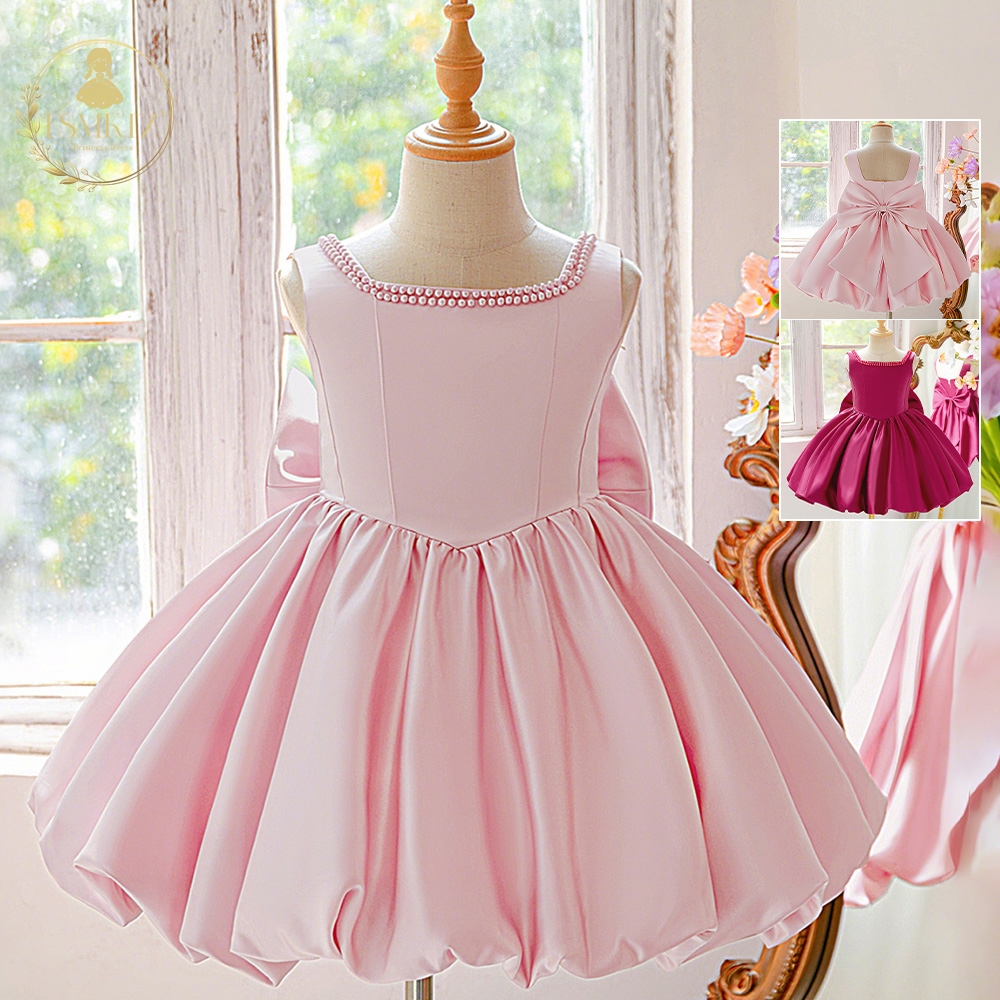 FSMKTZ 2-10 ปีใหม่แขนกุด Pleats เอว Big Bow Bubble ชุดแต่งงานสาวชุดสําหรับเด็กชุดเจ้าหญิง L6030