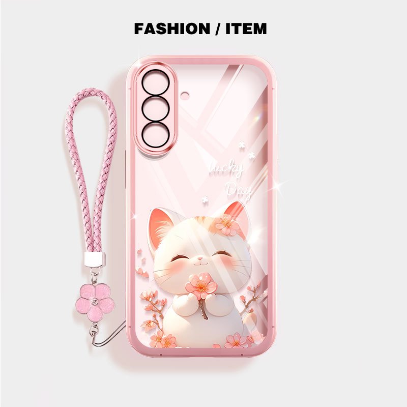 VRQR สําหรับ Samsung Galaxy A57 A37 A17 A56 A36 A26 A16 A55 A35 A25 A15 5G 4G กรณีน่ารักยิ้มแมวดอกไม้เชือกแขวนโปร่งใสกันกระแทกเคสโทรศัพท์