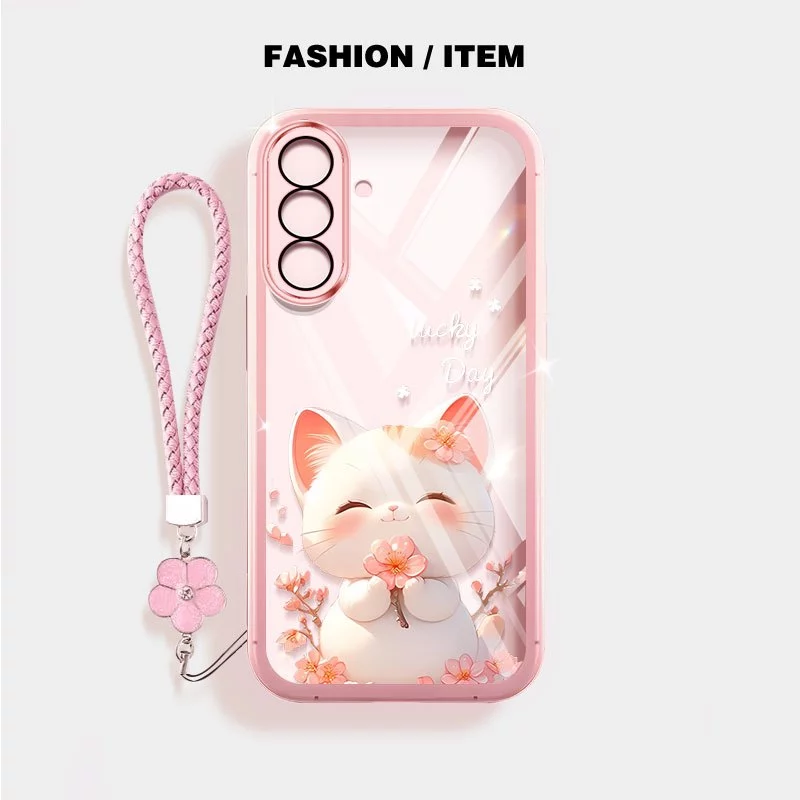 VRQR สําหรับ Samsung Galaxy A57 A37 A17 A56 A36 A26 A16 A55 A35 A25 A15 5G 4G กรณีน่ารักยิ้มแมวดอกไม้เชือกแขวนโปร่งใสกันกระแทกเคสโทรศัพท์