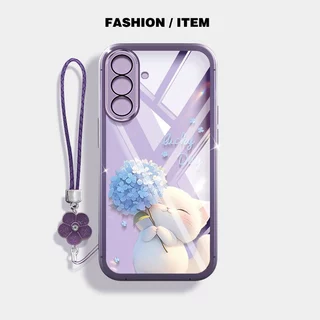 VRQR สําหรับ Samsung Galaxy A57 A37 A17 A56 A36 A26 A16 A55 A35 A25 A15 5G 4G กรณีน่ารักยิ้มแมวดอกไม้เชือกแขวนโปร่งใสกันกระแทกเคสโทรศัพท์