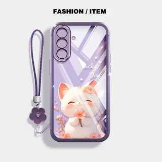 VRQR สําหรับ Samsung Galaxy A57 A37 A17 A56 A36 A26 A16 A55 A35 A25 A15 5G 4G กรณีน่ารักยิ้มแมวดอกไม้เชือกแขวนโปร่งใสกันกระแทกเคสโทรศัพท์