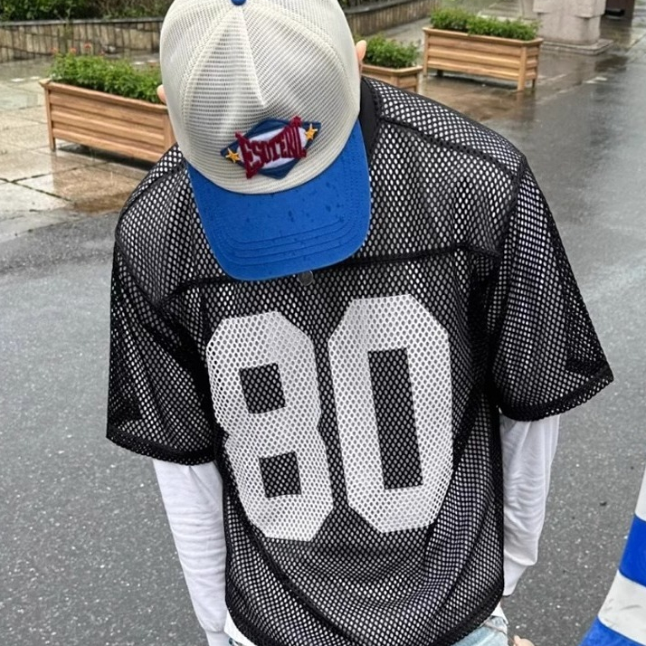 Street Wear American Mesh Short-Sleeved Men Retro Loose Summer Jersey ผู้ชายอินเทรนด์ Hip-Hop Street Casual กีฬาผู้ชาย M-2XL