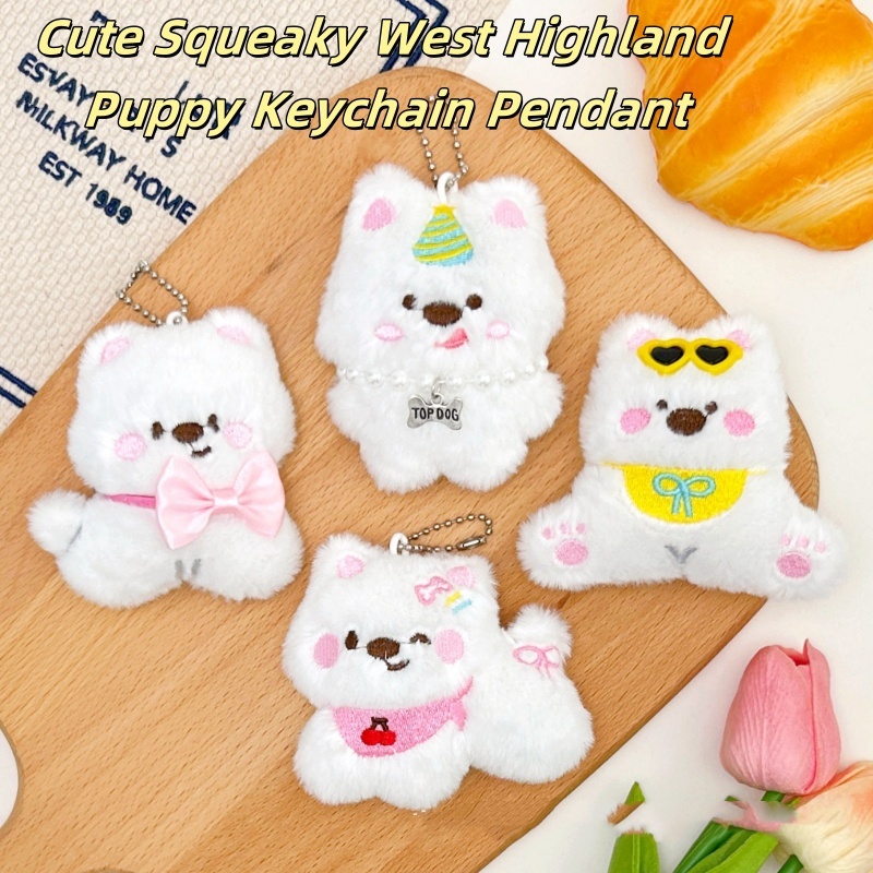 ตุ๊กตาน่ารัก Squeaky West Highland ลูกสุนัขเสียงพวงกุญแจ Bib สร้อยคอลูกสุนัขตุ๊กตาสาวกระเป๋าตกแต่งแขวนของขวัญเพื่อน