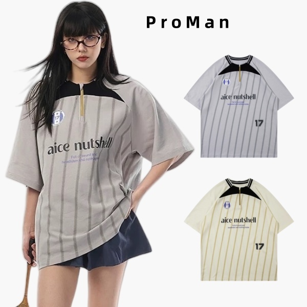 ⚡ProMan⚡เสื้อยืดลายทางสไตล์อเมริกัน  รุ่นเดียวกันทั้งชายและหญิง  แนววินเทจ  การออกแบบซิปครึ่ง  แบบหลวม