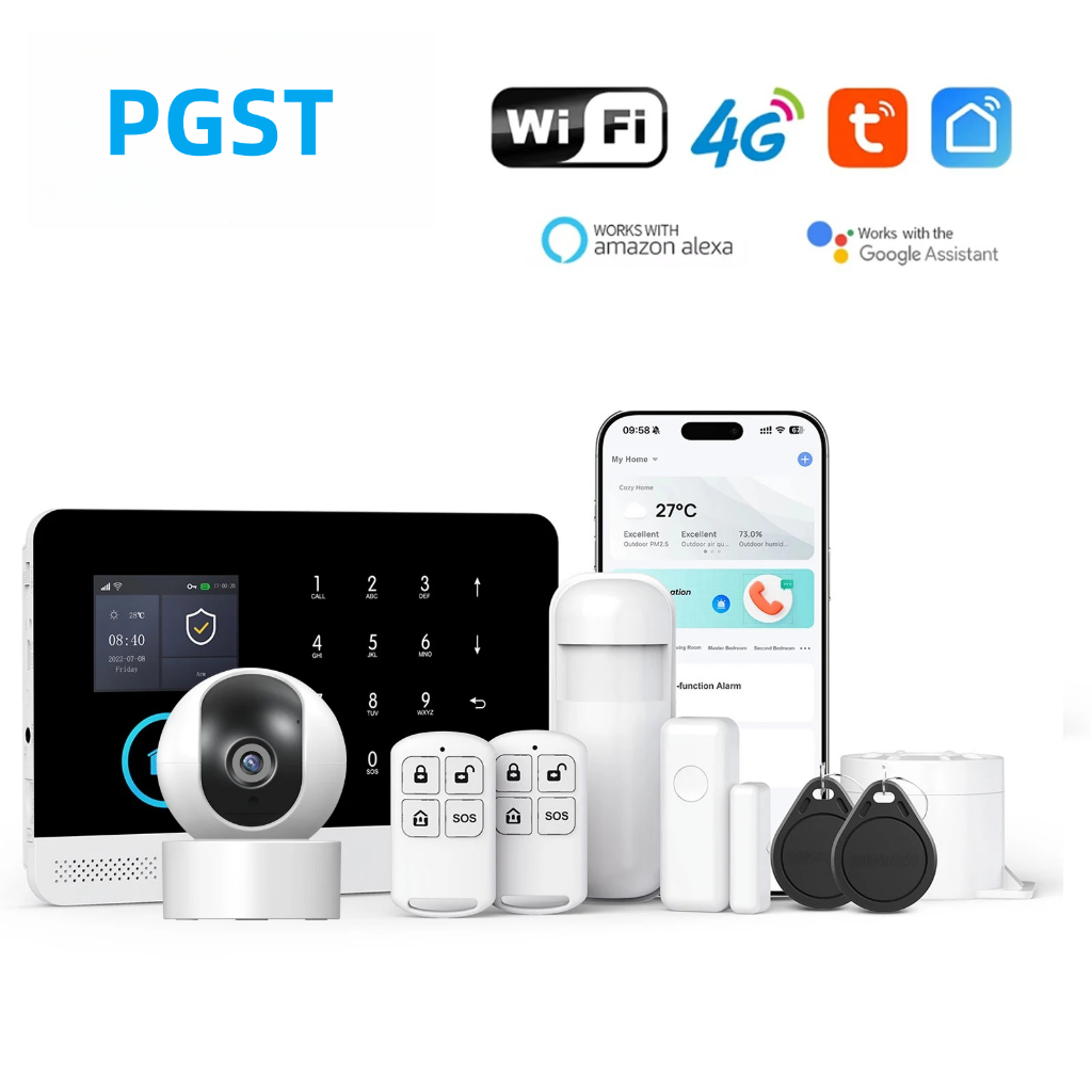 Pgst 433MHz ระบบสัญญาณกันขโมย WIFI ไร้สาย GSM หน้าจอแสดงผล LCD TUYA ควบคุมผ่านแอปซิมการ์ด ติดตั้งเซ็นเซอร์ประตู การ์ดตรวจจับการเคลื่อนไหว