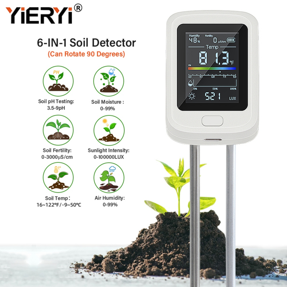 YIERYI 6-in-1 เซ็นเซอร์ดินความแม่นยําสูง PH/ความชื้น/อุณหภูมิ/แสง/การตรวจจับความชื้นหน้าจอหมุนได้ USB ชาร์จสําหรับสวน,พืช,ผักสวน