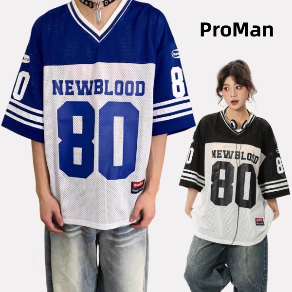 ⚡ProMan⚡เสื้อผ้าฤดูใบไม้ร่วงตัวอักษรวินเทจสไตล์อเมริกัน  ลายทาง  สีต่อ  รุ่นเดียวกันทั้งชายและหญิง  แบบหลวม