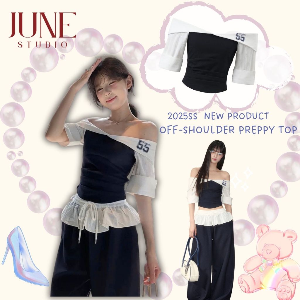 [June Studio] ชุดกีฬา Pure Contrast Color One-Shoulder Top High-End ชุดผ้าสีดําสีขาวสีจับคู่ผ้าม่านเ
