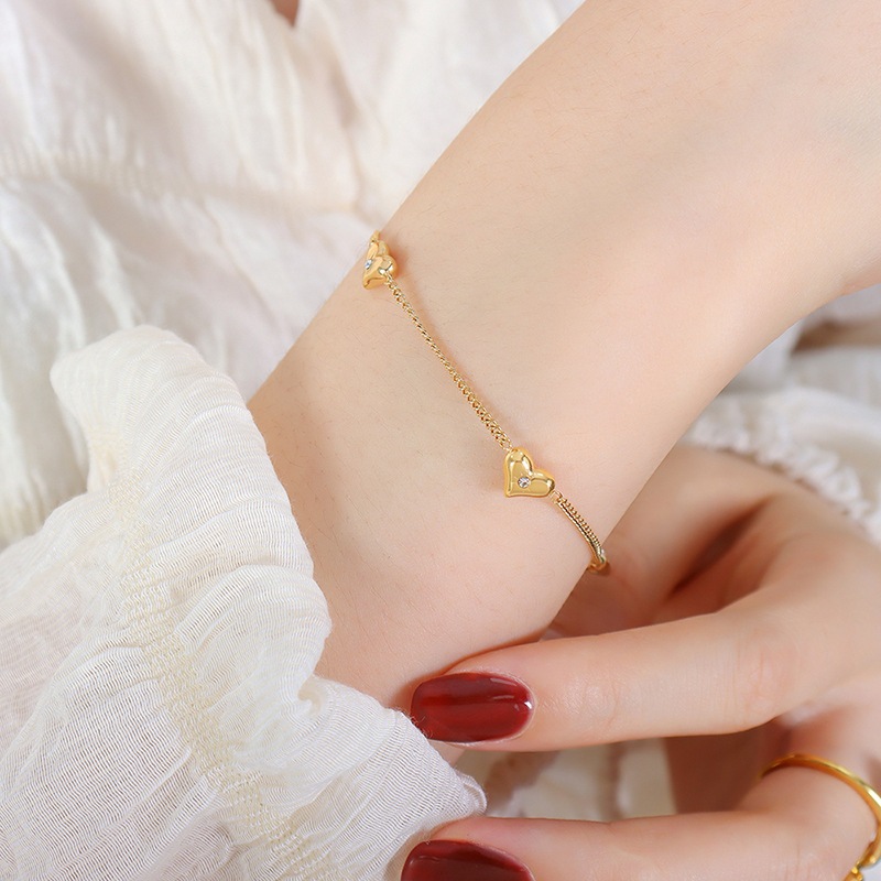 Simple Love Bracelet Stainless Steel Small Sun Zircon Fashion All-Match Golden Peach Heart Bracelet