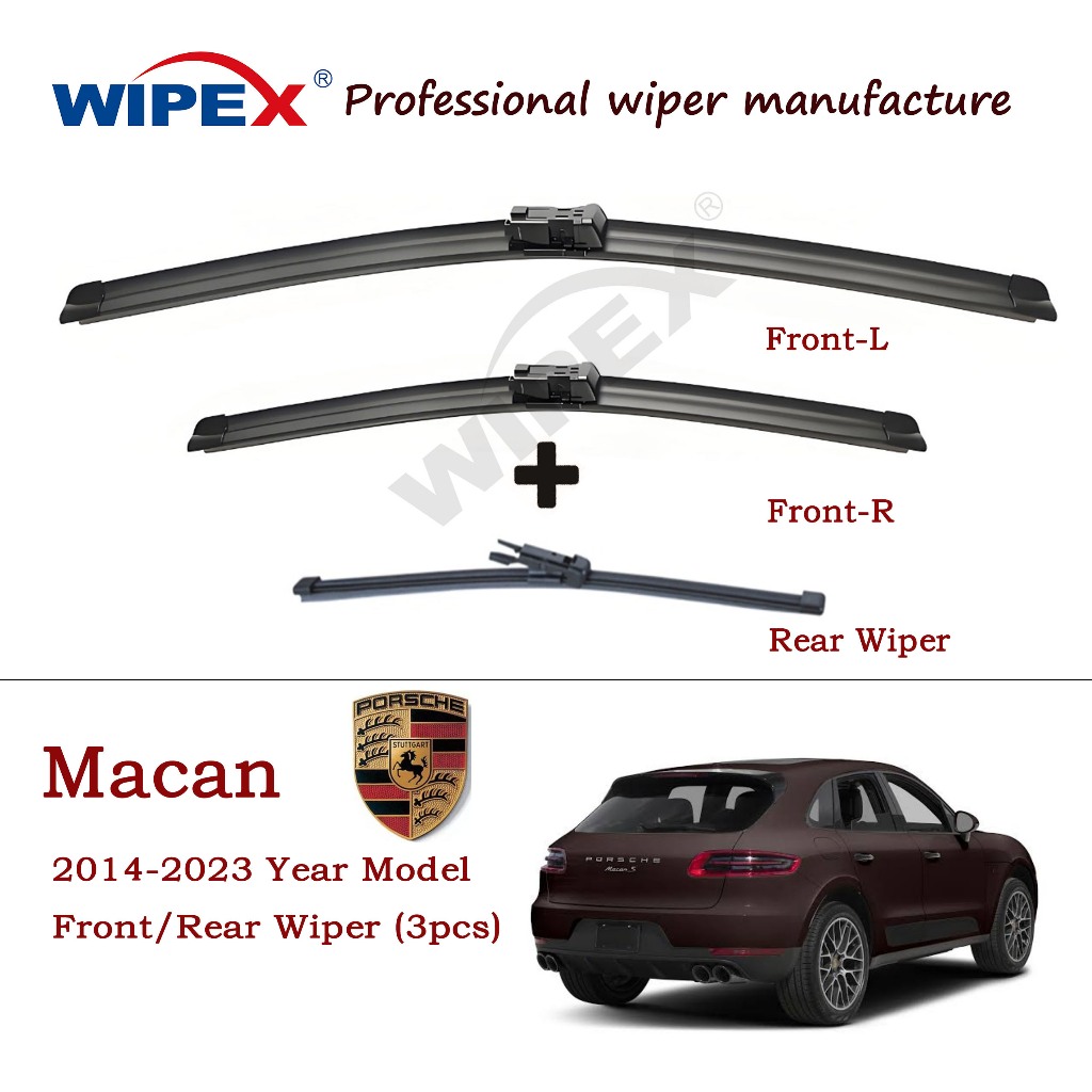 (ด้านหน้า/ด้านหลัง 3 ชิ้น) ใบปัดน้ําฝน Porsche Macan 95B สําหรับ 2014 ถึง 2023 Porsche Macan ที่ปัดน้ําฝนกระจกรถยนต์ (กล้วยด้านหน้า/หลังเดิม) โดย Wipex Wixr