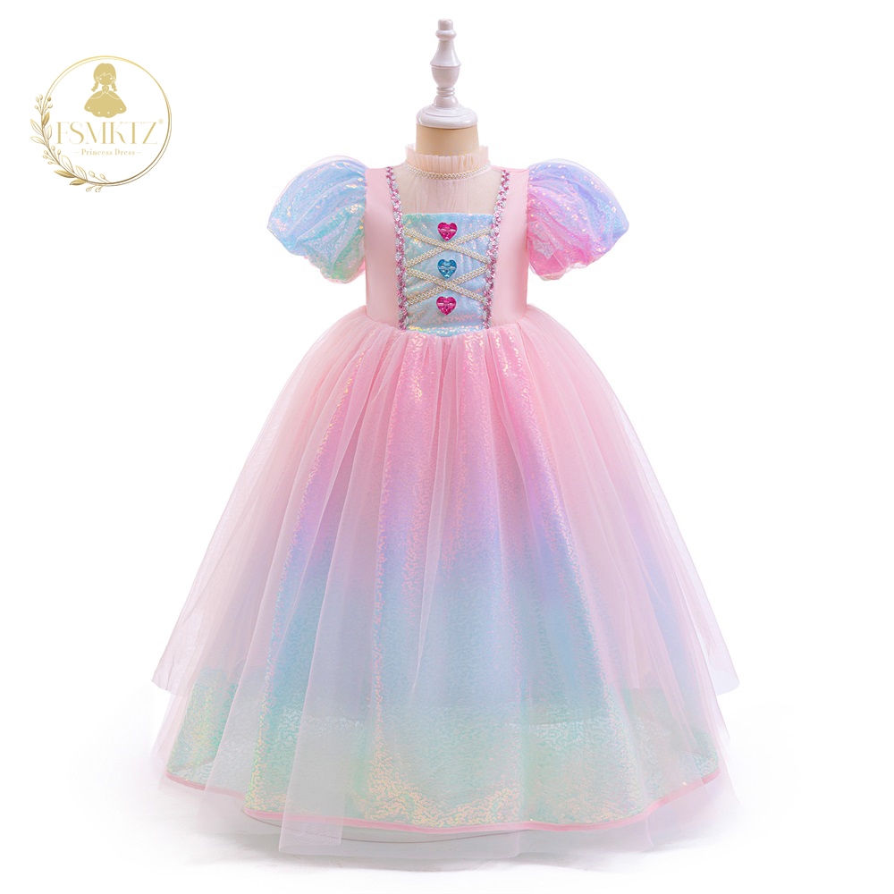 FSMKTZ 2-10Y เด็กผู้หญิงใหม่ Pearl Gradient เลื่อมสีอัญมณีตาข่ายคอสเพลย์ Mermaid เสื้อผ้า ASMR092