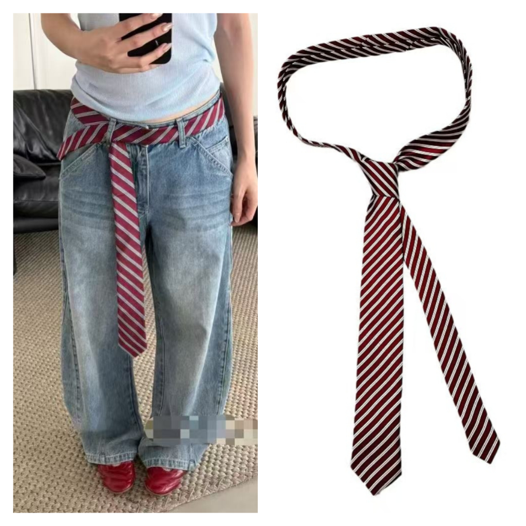 Retro-Inspired Wine Red Striped Tie Belt ห่วงโซ่เอวอุปกรณ์เสริมสําหรับผู้หญิง