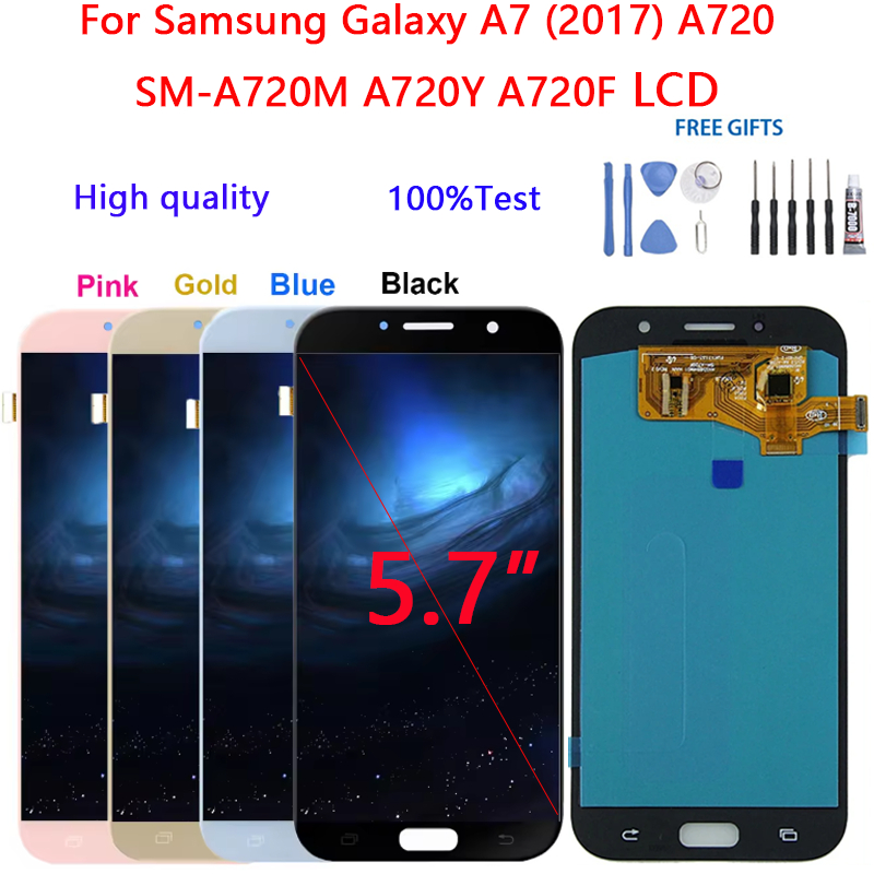 AMOLED 5.7 "A720 หน้าจอสําหรับ Samsung Galaxy A7 2017 A720 SM-A720M A720Y A720F LCD และ Touch Displa
