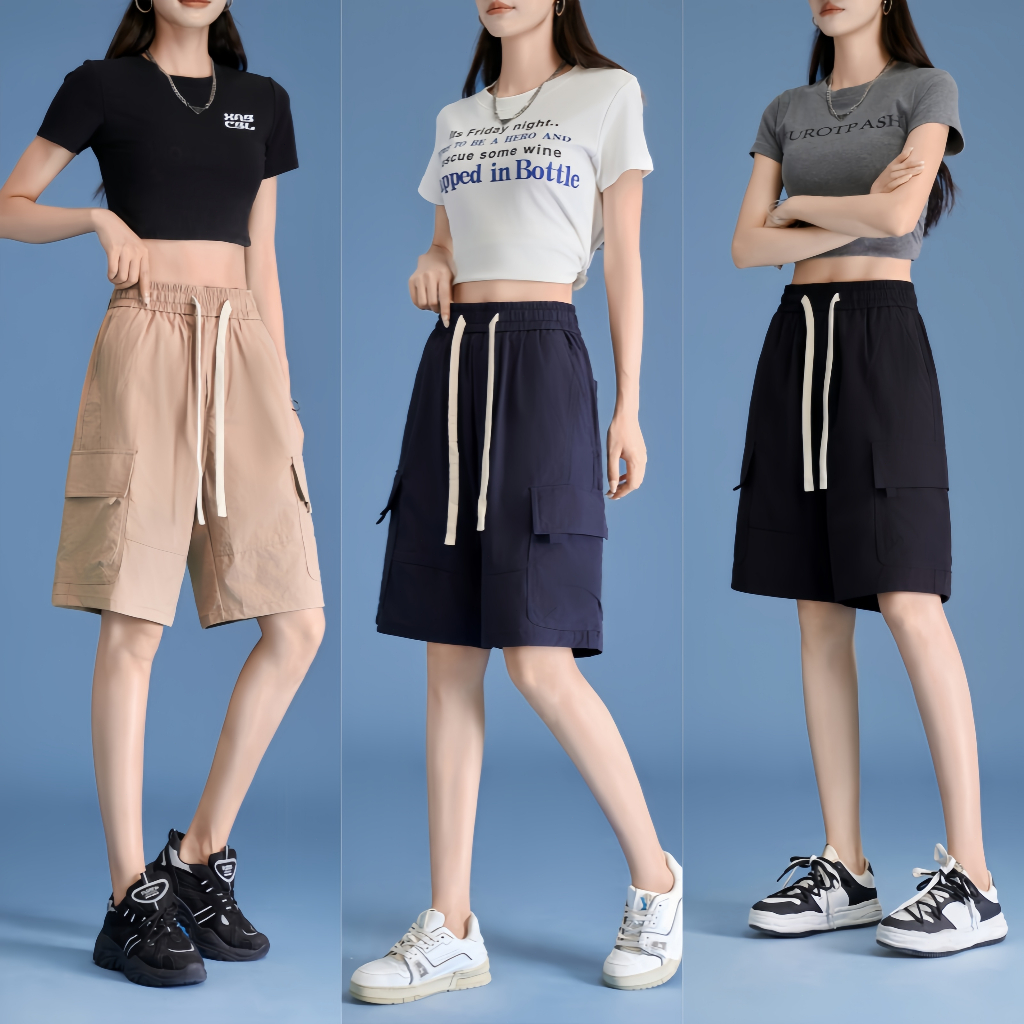 พร้อมส่งจากกทมกางเกงขาสั้นผู้หญิง กางเกงขาสั้นเอวสูงสีดำสไตล์เกาหลีสำหรับผู้หญิง
