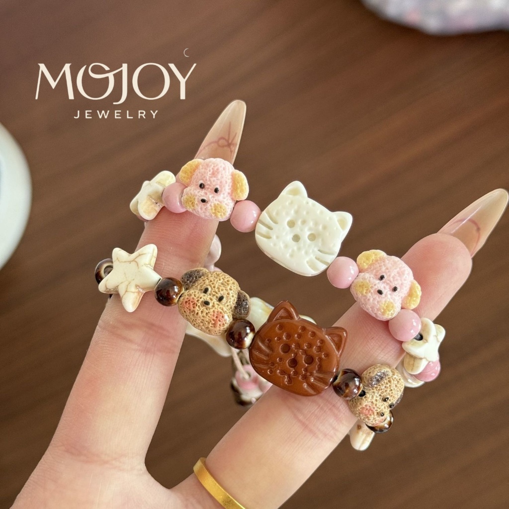 MOJOY สร้อยข้อมือลูกปัดแมวลูกสุนัขน่ารักพู่สร้อยข้อมือคู่สําหรับแฟนของขวัญเครื่องประดับเพื่อนที่ดีที่สุด