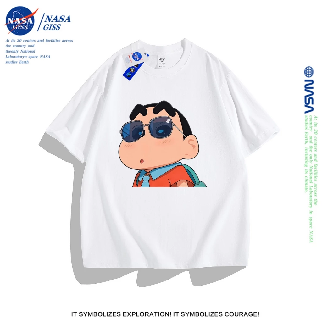 NASA เสื้อยืดชายหญิงแขนสั้น สตรีทฮิปฮอป summer เครยอนชินจัง เสื้อยืด พิมพ์ลาย คอตตอน คอกลม หลวมและระบายอากาศ