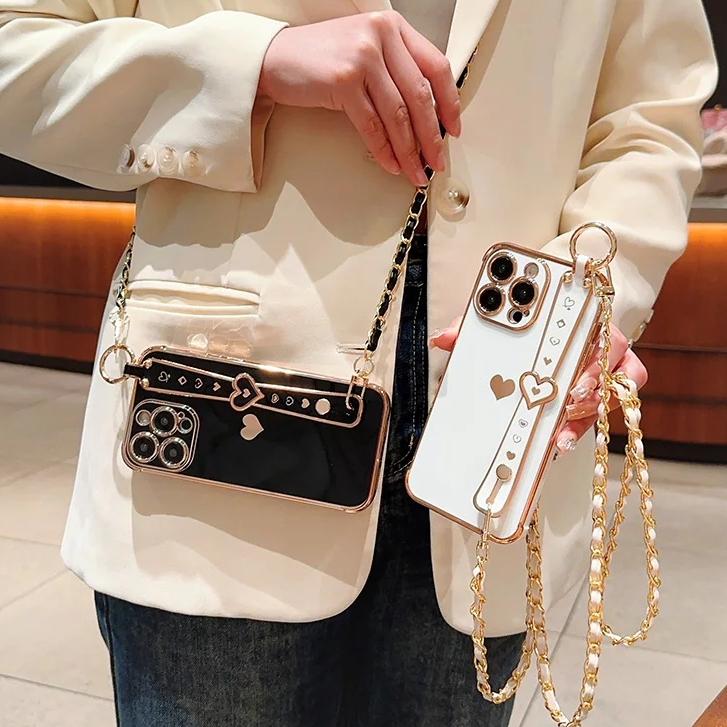 ชุบหัวใจรักสายรัดข้อมือผู้ถือ ค โรสบอดี เคสโทรศัพท์เข้ากันได้สําหรับ ไอโฟน 16 มือโปร สูงสุด 15 14 13 12พร้อมเชือกเส้นเล็กกันกระแทกปกหลัง