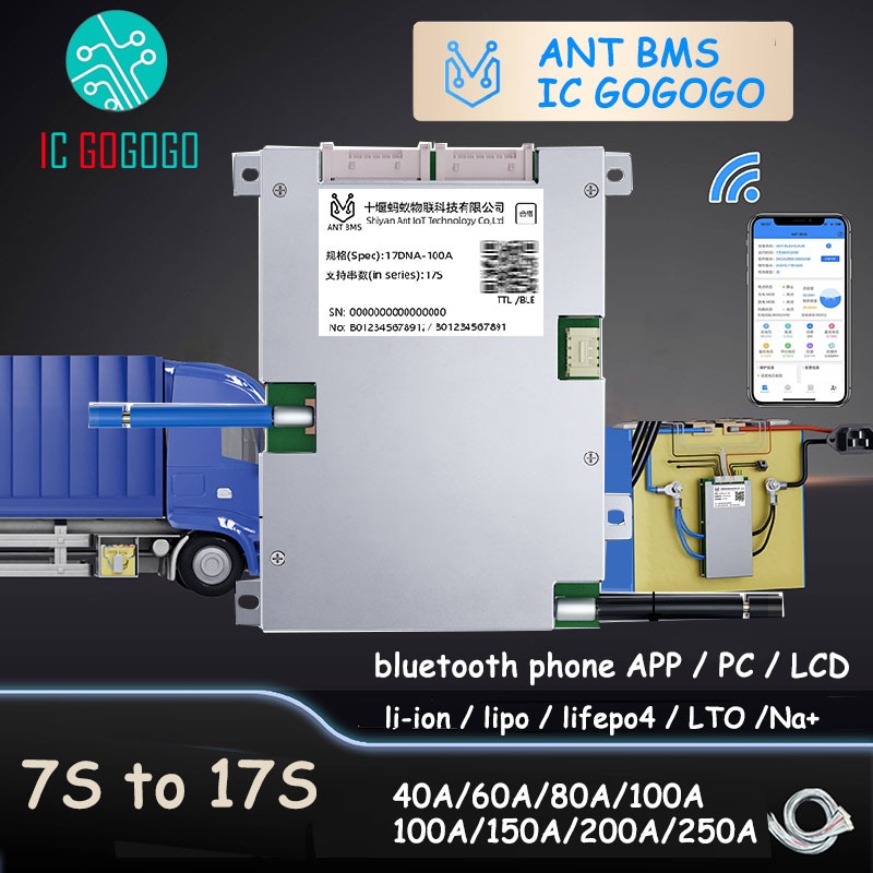 7S ถึง 17S ANT BMS 40A 60A 80A 100A แบตเตอรี่ลิเธียม Li-ion Lifepo4 LTO แบตเตอรี่ป้องกันสมาร์ทบลูทูธ