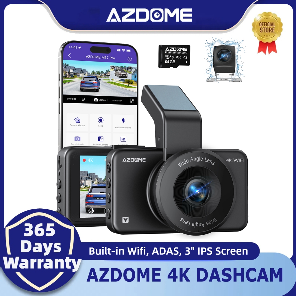 AZDOME M17 Pro 4K Dual Lens Dash Cam 3 หน้าจอในตัว Wi-Fi ADAS Dashcam กล้องหน้าและหลังสําหรับรถยนต์ 