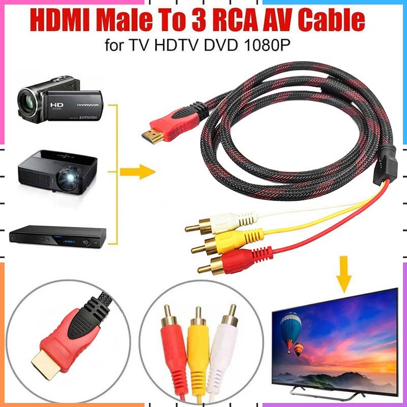 Ready Stock1.5M Nylon HDTV HDMI Male to 3RCA Cable HDMI To AV Composite Video Audio Adapter สายแปลงส