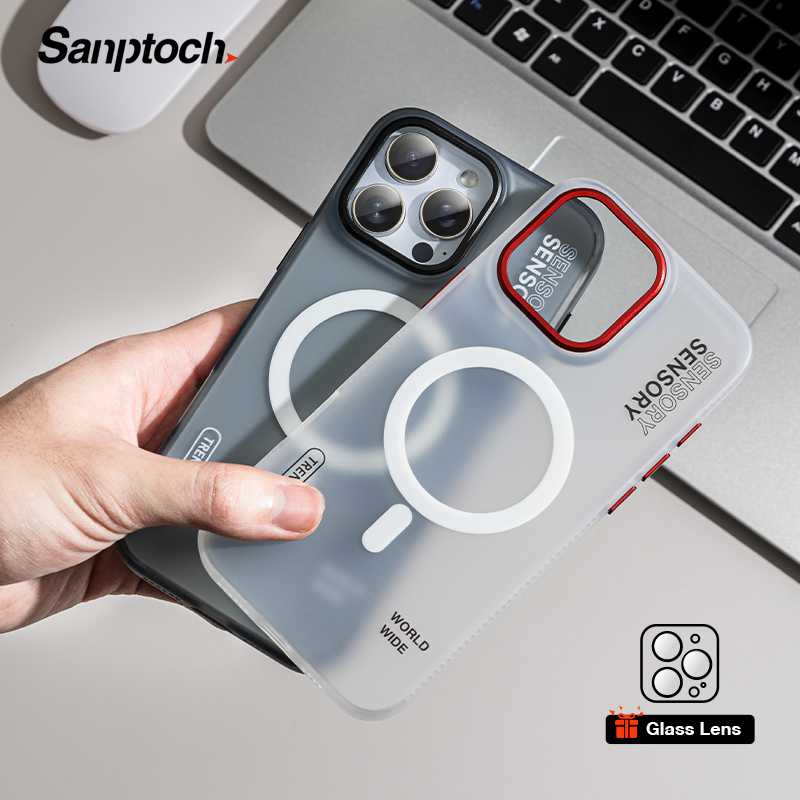Sanptoch สําหรับ Magnetic Matte Simple Cool เคสโทรศัพท์สําหรับ iPhone 16 15 14 13 Pro Max Soft Tpu Edge + Frosted Anti-ลายนิ้วมือปกหลังกันกระแทก Hard Protection ปลอก