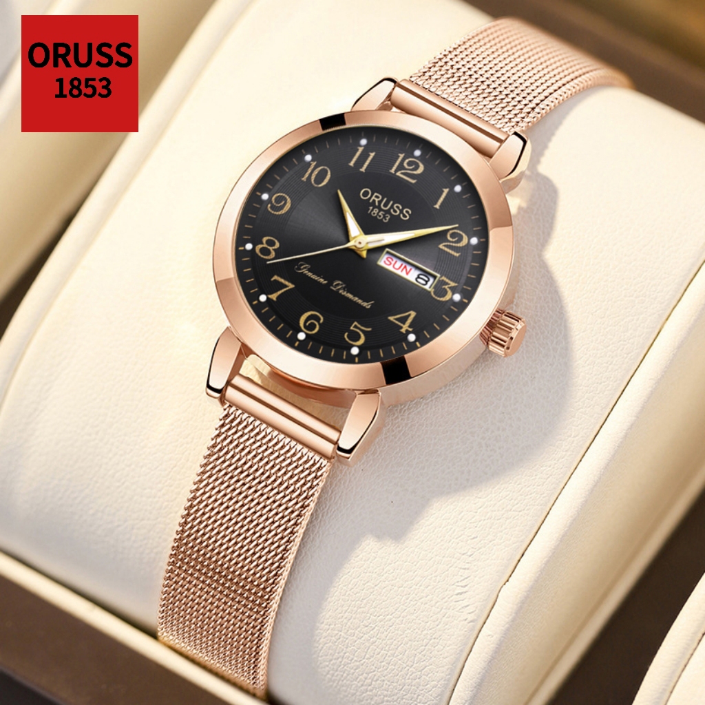 ORUSS Original หญิงสแตนเลส Dual ปฏิทินหรูหรากันน้ํา Luminous Rose Gold นาฬิกาขนา